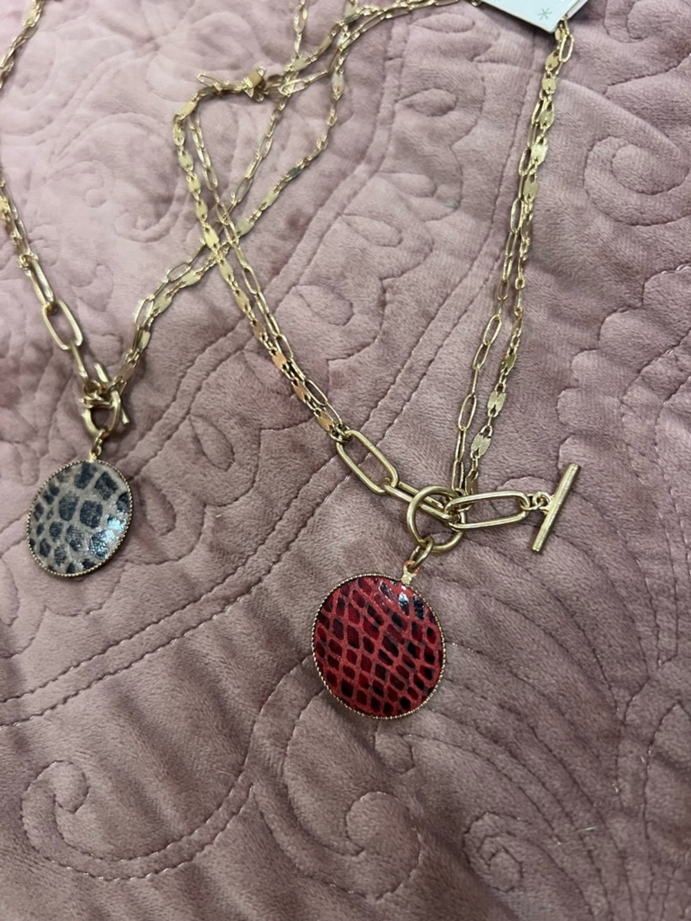 Gold Chain Necklace with Red and Gray Animal-Print Pendant